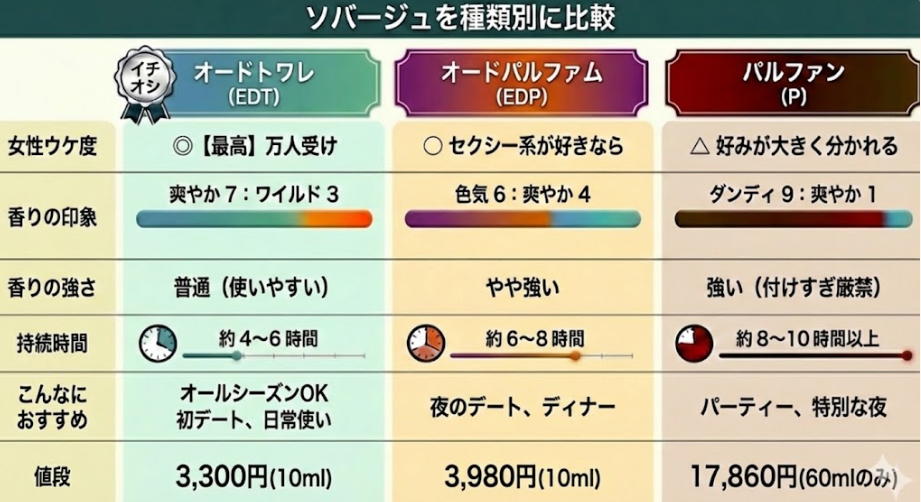 ディオールソバージュを種類別に比較した画像